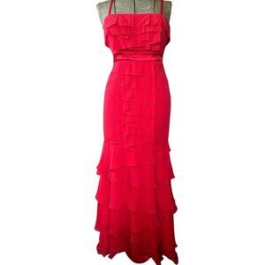 BCBGMAXAZRIA Silk Red Ruffle Tiered Gown Dress 2 Evening Formal Prom Strapless